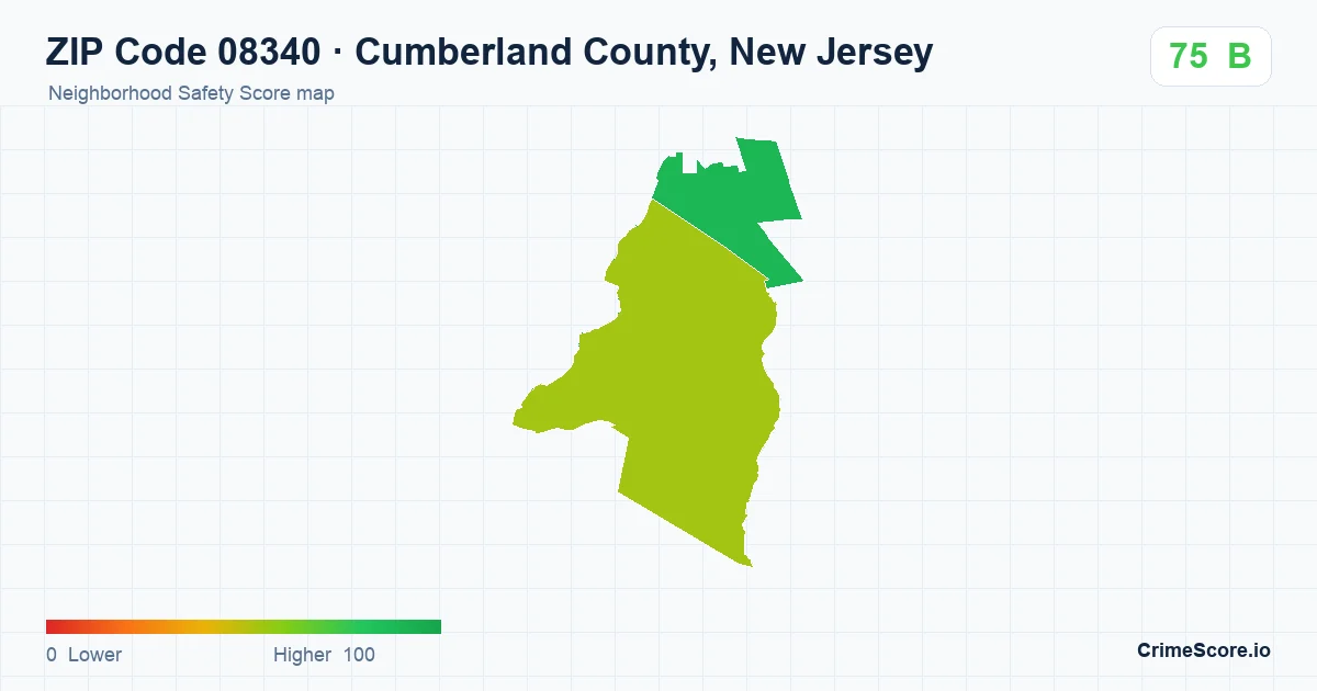 ZIP Code 08340 in Cumberland County, New Jersey neighborhood Safety Score map