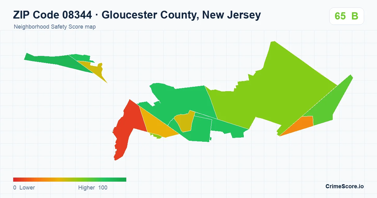 ZIP Code 08344 in Gloucester County, New Jersey neighborhood Safety Score map