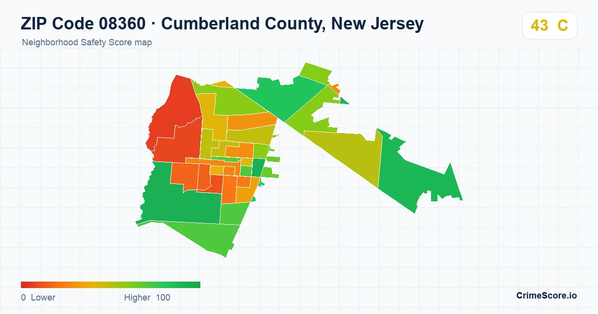 ZIP Code 08360 in Cumberland County, New Jersey neighborhood Safety Score map