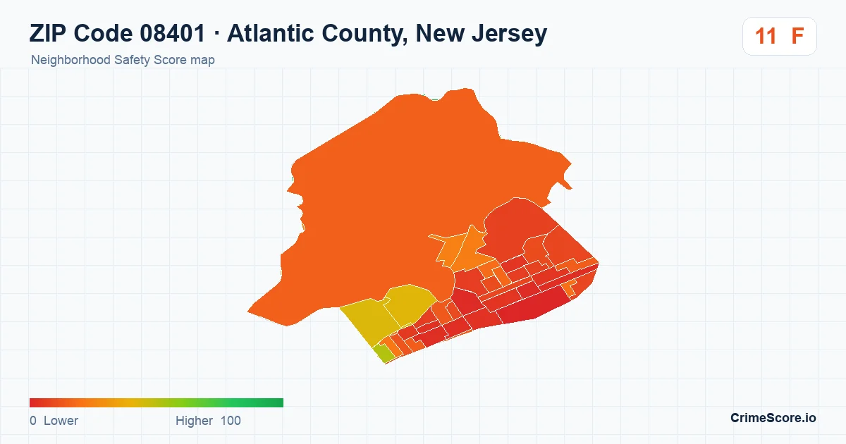 ZIP Code 08401 in Atlantic County, New Jersey neighborhood Safety Score map