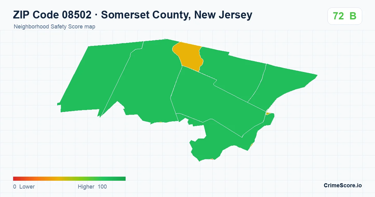 ZIP Code 08502 in Somerset County, New Jersey neighborhood Safety Score map