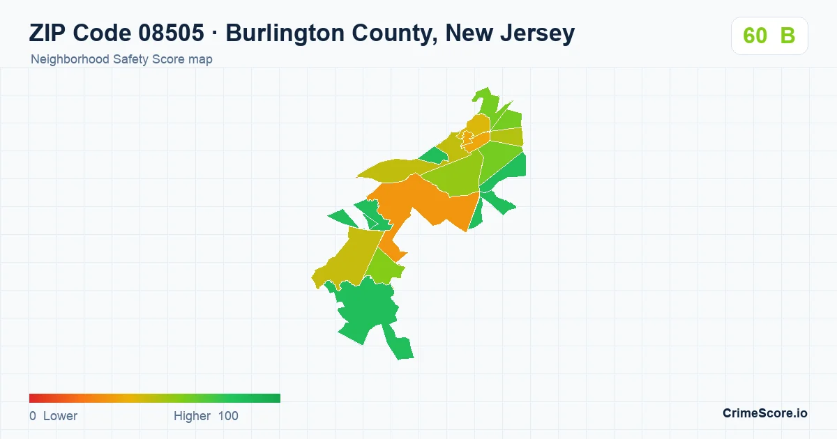 ZIP Code 08505 in Burlington County, New Jersey neighborhood Safety Score map