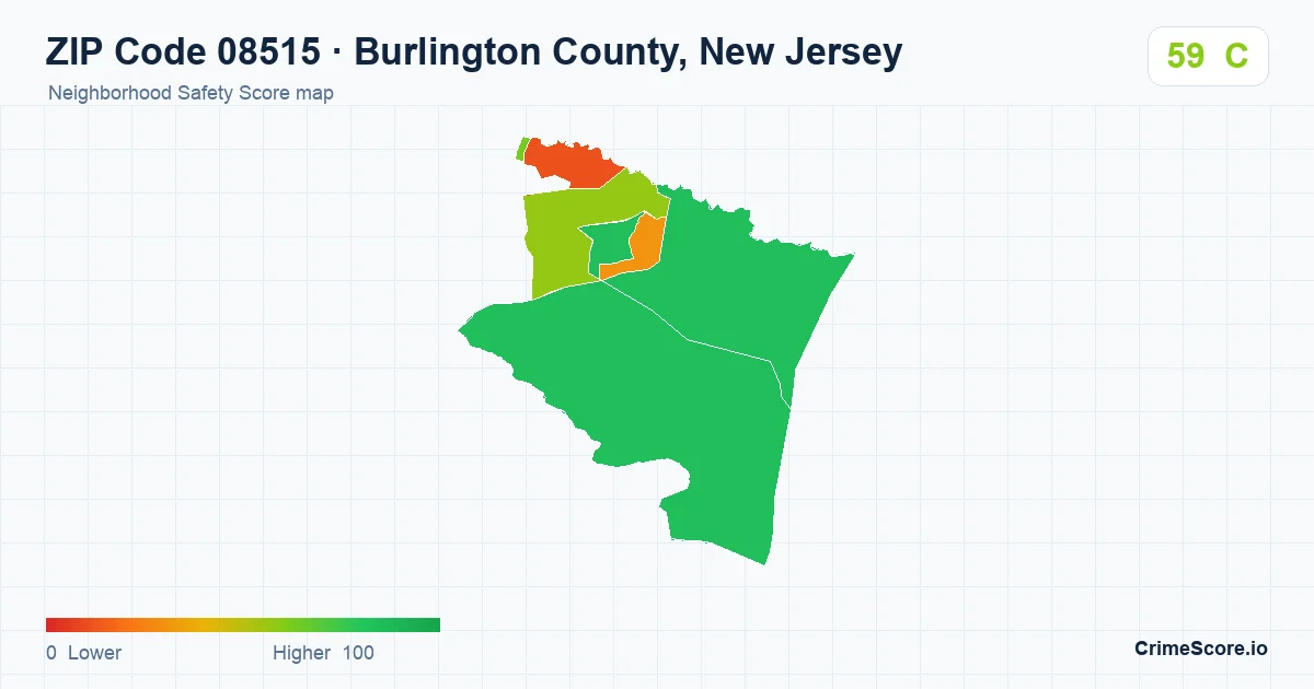 ZIP Code 08515 in Burlington County, New Jersey neighborhood Safety Score map