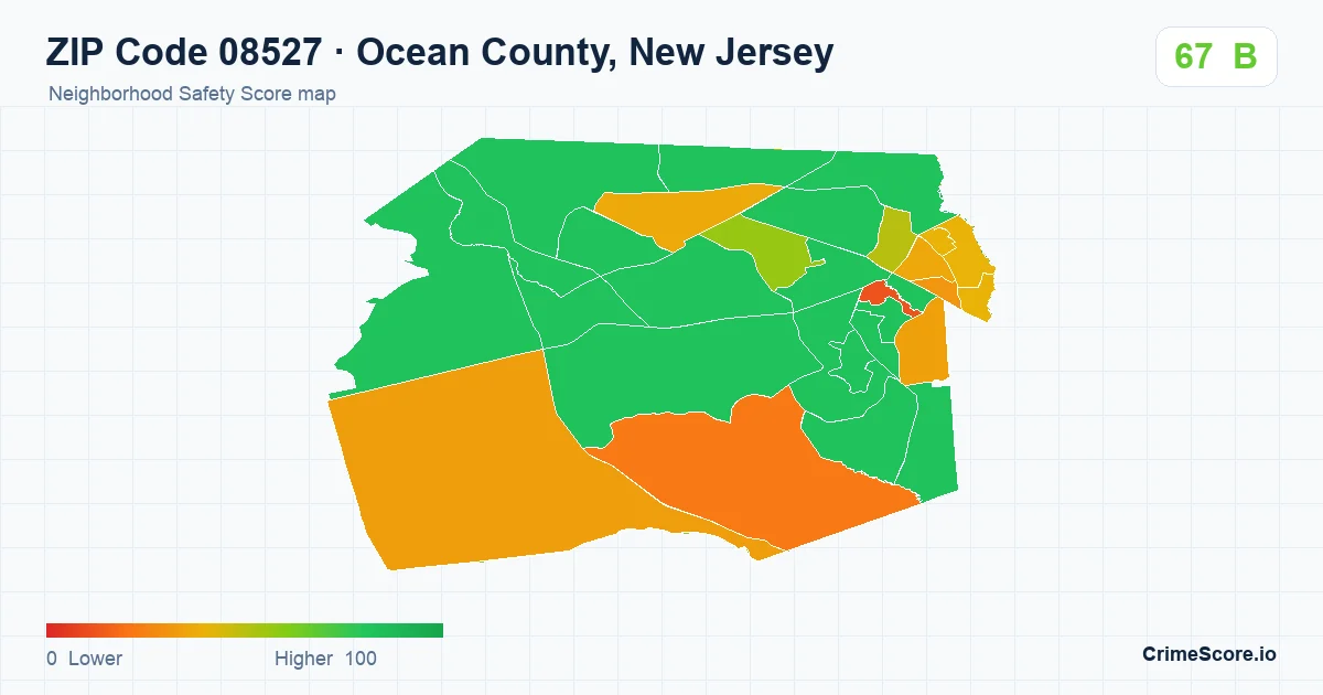 ZIP Code 08527 in Ocean County, New Jersey neighborhood Safety Score map