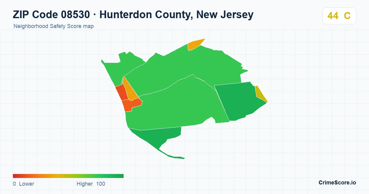 ZIP Code 08530 in Hunterdon County, New Jersey neighborhood Safety Score map