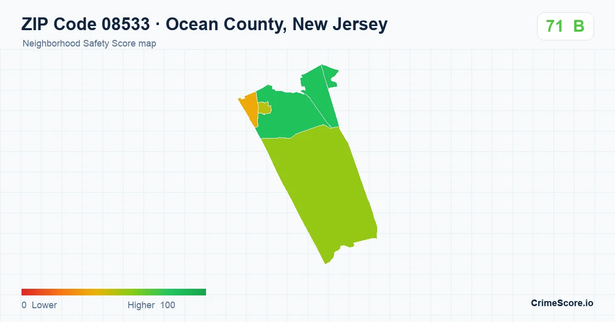 ZIP Code 08533 in Ocean County, New Jersey neighborhood Safety Score map