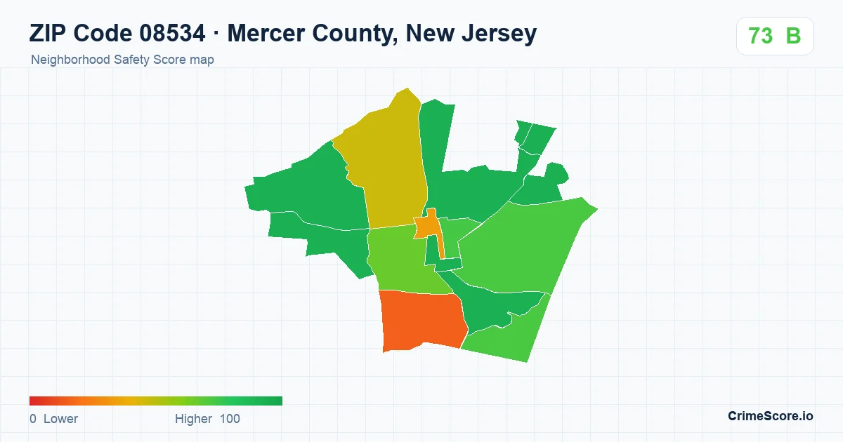 ZIP Code 08534 in Mercer County, New Jersey neighborhood Safety Score map