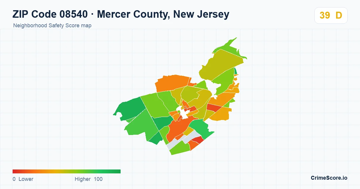 ZIP Code 08540 in Mercer County, New Jersey neighborhood Safety Score map