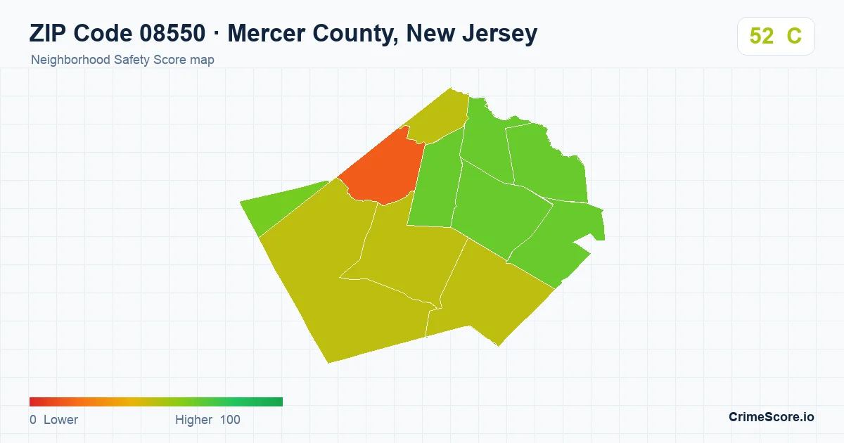 ZIP Code 08550 in Mercer County, New Jersey neighborhood Safety Score map