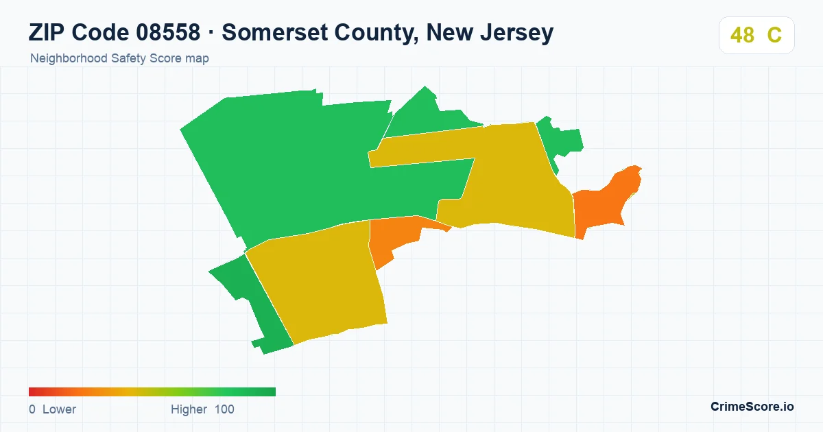 ZIP Code 08558 in Somerset County, New Jersey neighborhood Safety Score map