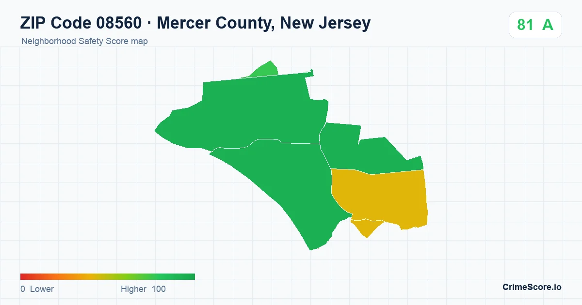 ZIP Code 08560 in Mercer County, New Jersey neighborhood Safety Score map