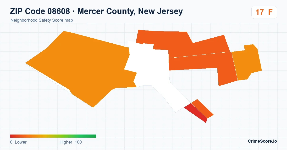 ZIP Code 08608 in Mercer County, New Jersey neighborhood Safety Score map