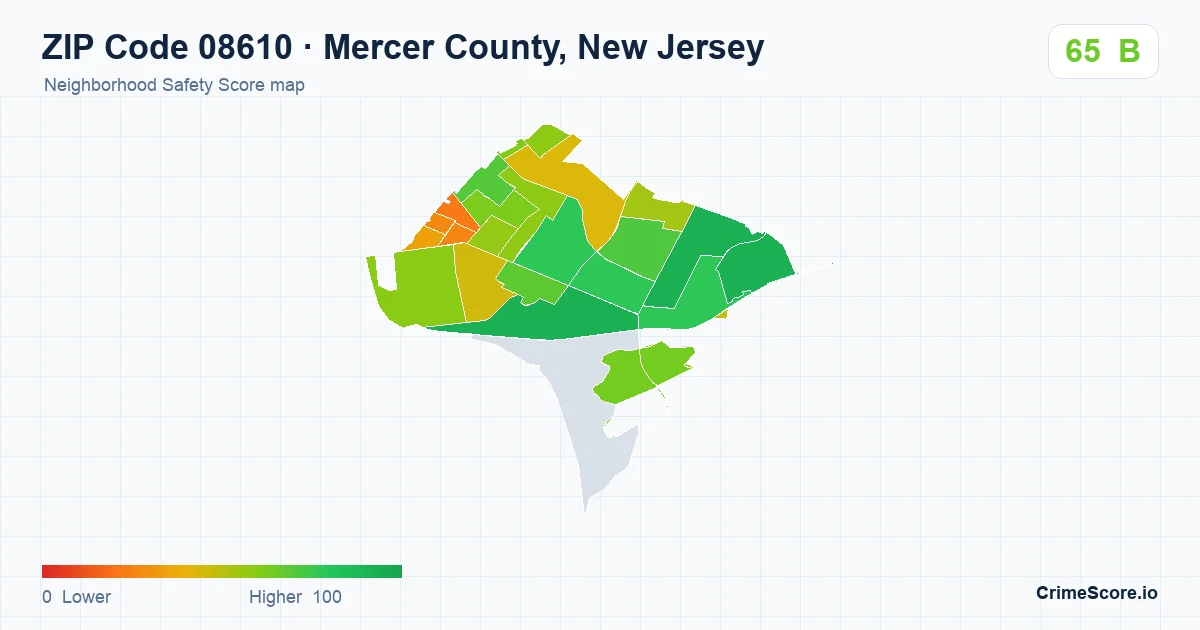 ZIP Code 08610 in Mercer County, New Jersey neighborhood Safety Score map