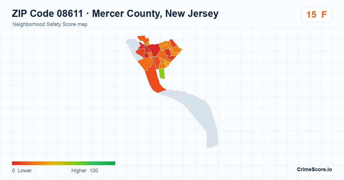 ZIP Code 08611 in Mercer County, New Jersey neighborhood Safety Score map