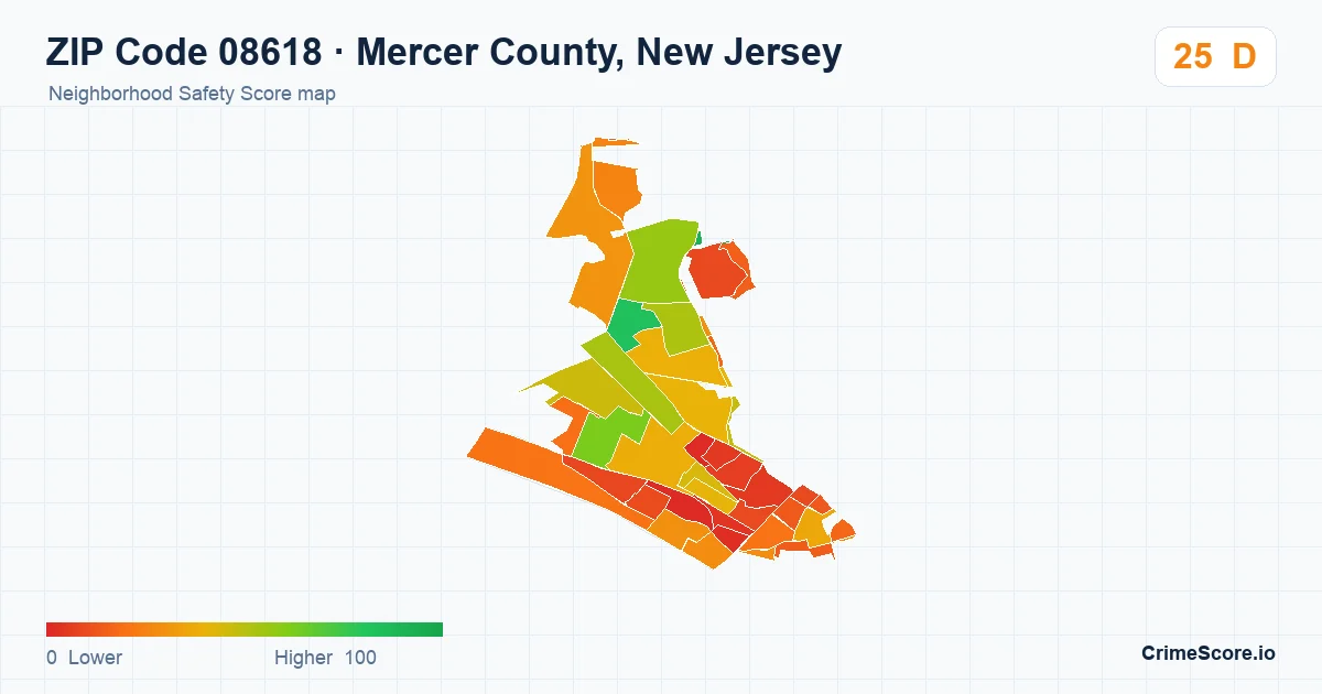 ZIP Code 08618 in Mercer County, New Jersey neighborhood Safety Score map