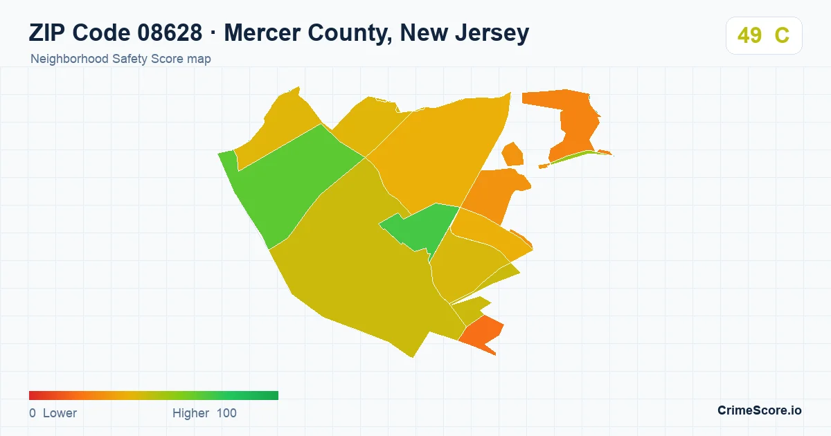 ZIP Code 08628 in Mercer County, New Jersey neighborhood Safety Score map
