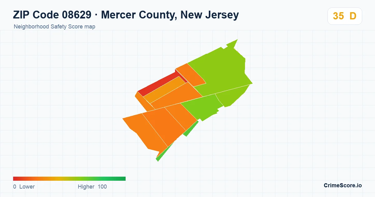 ZIP Code 08629 in Mercer County, New Jersey neighborhood Safety Score map