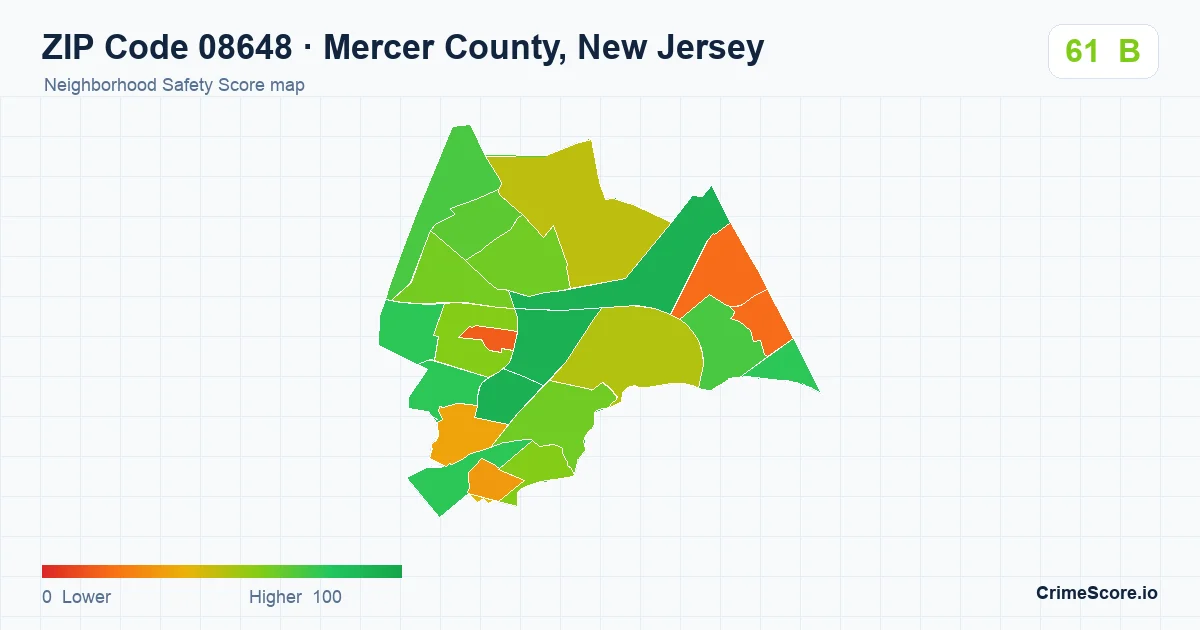 ZIP Code 08648 in Mercer County, New Jersey neighborhood Safety Score map