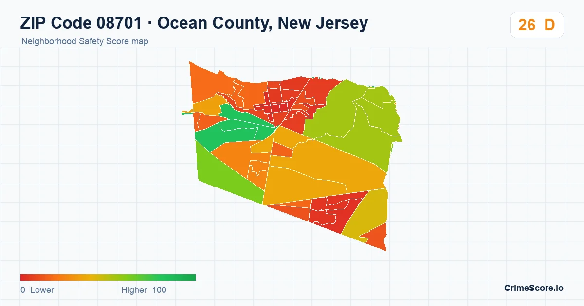 ZIP Code 08701 in Ocean County, New Jersey neighborhood Safety Score map