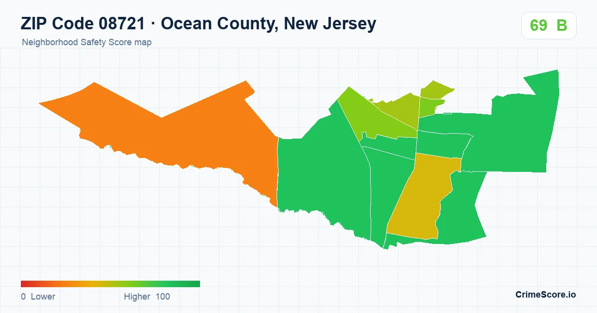 ZIP Code 08721 in Ocean County, New Jersey neighborhood Safety Score map