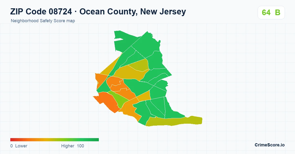ZIP Code 08724 in Ocean County, New Jersey neighborhood Safety Score map