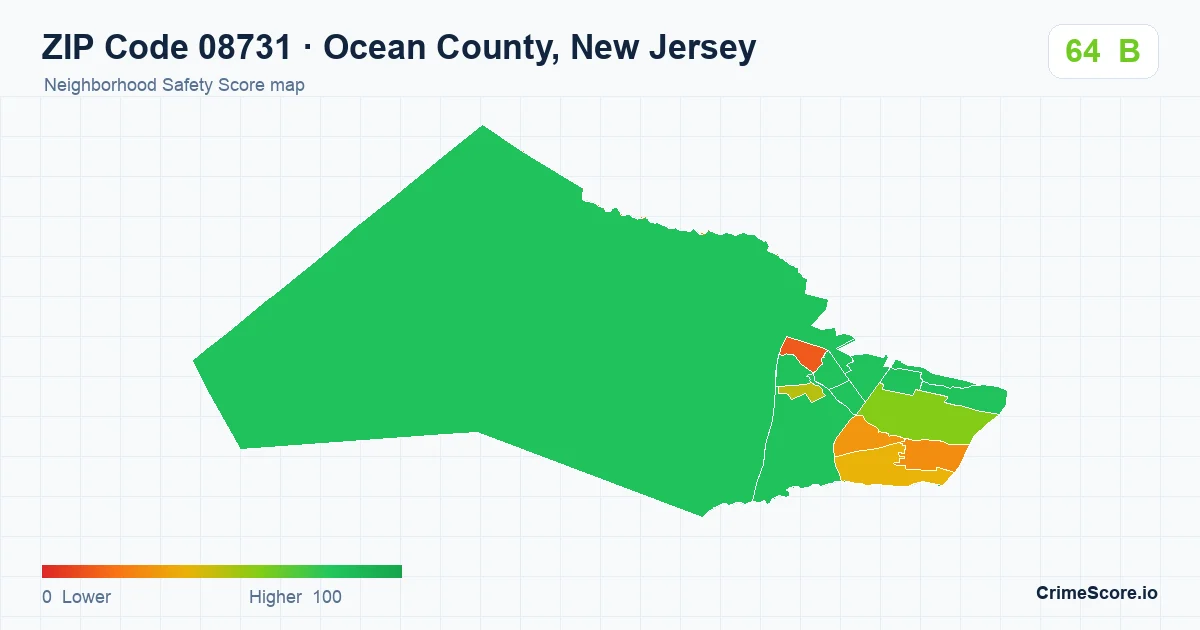 ZIP Code 08731 in Ocean County, New Jersey neighborhood Safety Score map