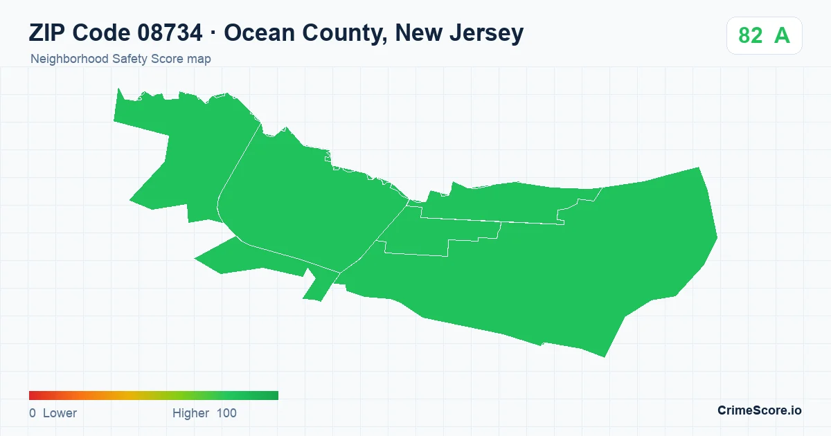 ZIP Code 08734 in Ocean County, New Jersey neighborhood Safety Score map