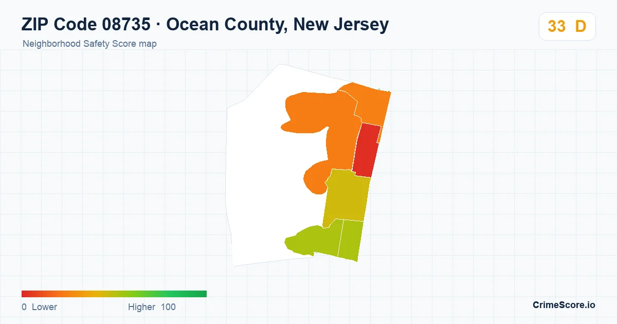 ZIP Code 08735 in Ocean County, New Jersey neighborhood Safety Score map