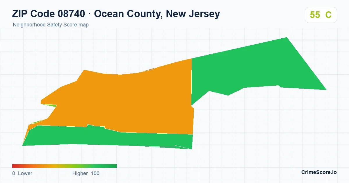 ZIP Code 08740 in Ocean County, New Jersey neighborhood Safety Score map