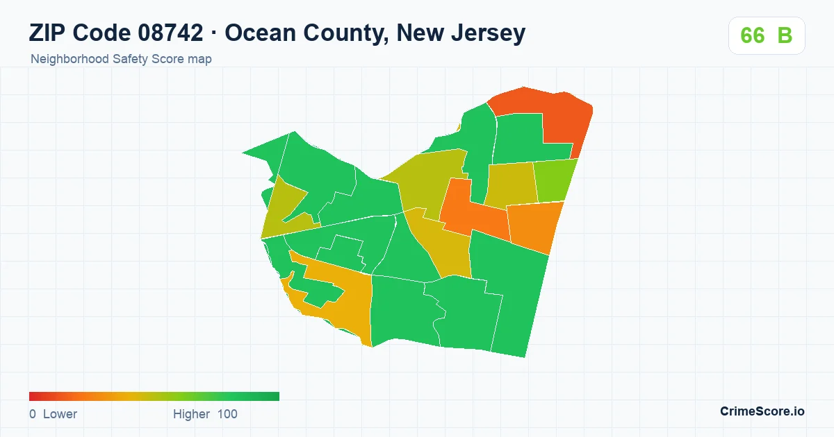 ZIP Code 08742 in Ocean County, New Jersey neighborhood Safety Score map