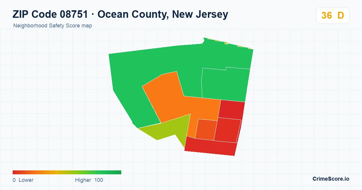 ZIP Code 08751 in Ocean County, New Jersey neighborhood Safety Score map