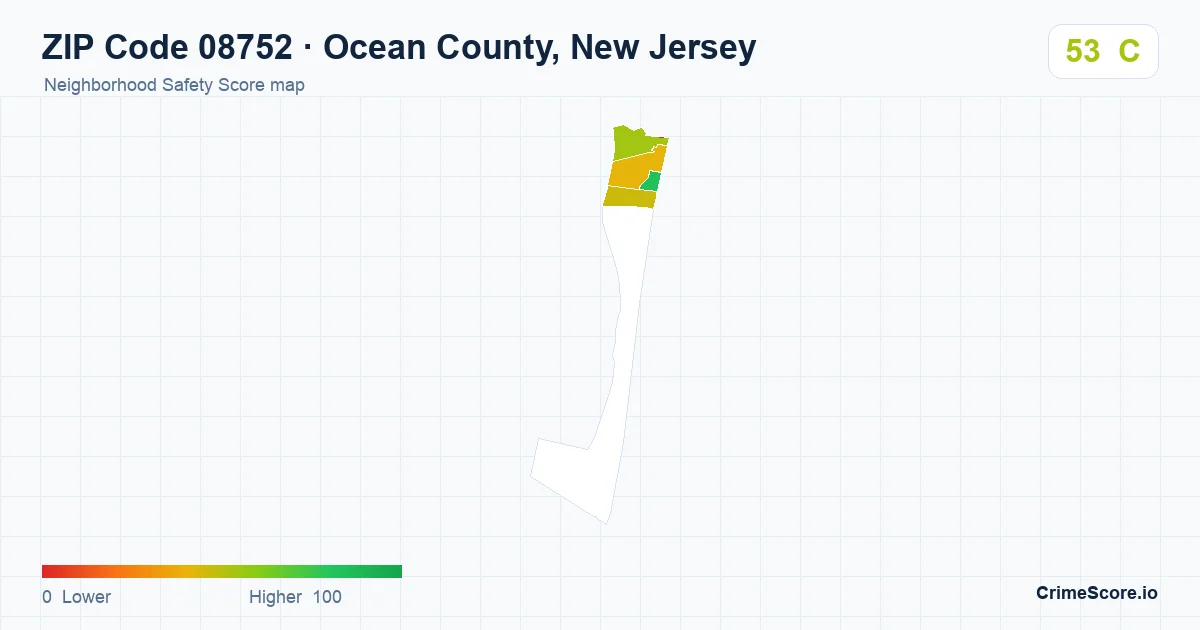 ZIP Code 08752 in Ocean County, New Jersey neighborhood Safety Score map