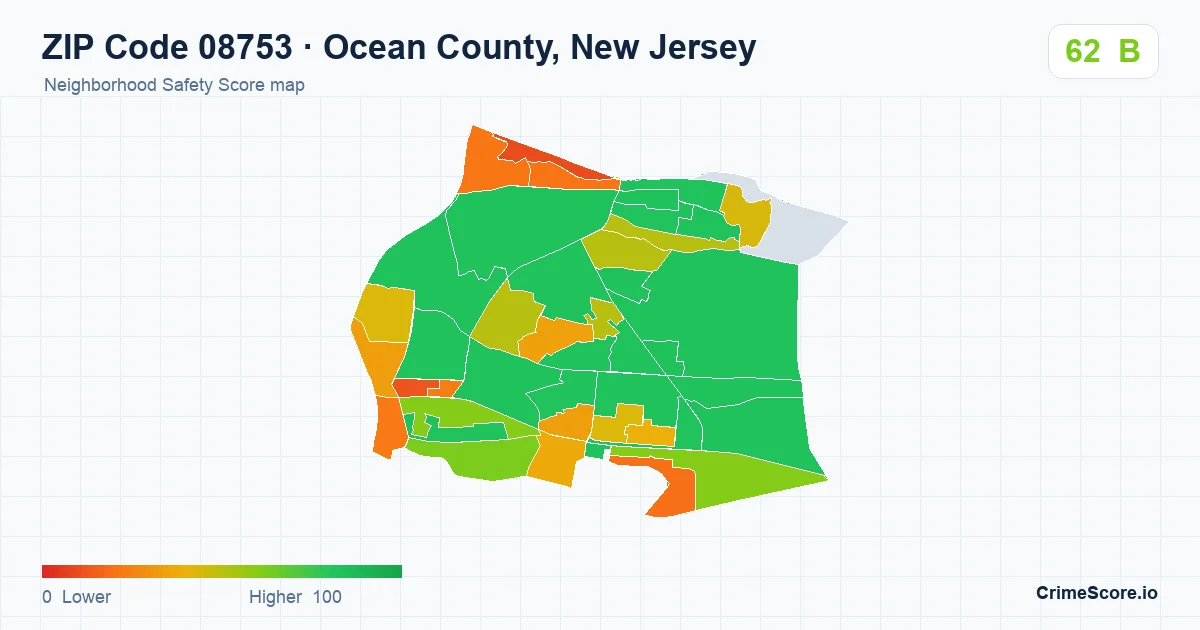 ZIP Code 08753 in Ocean County, New Jersey neighborhood Safety Score map