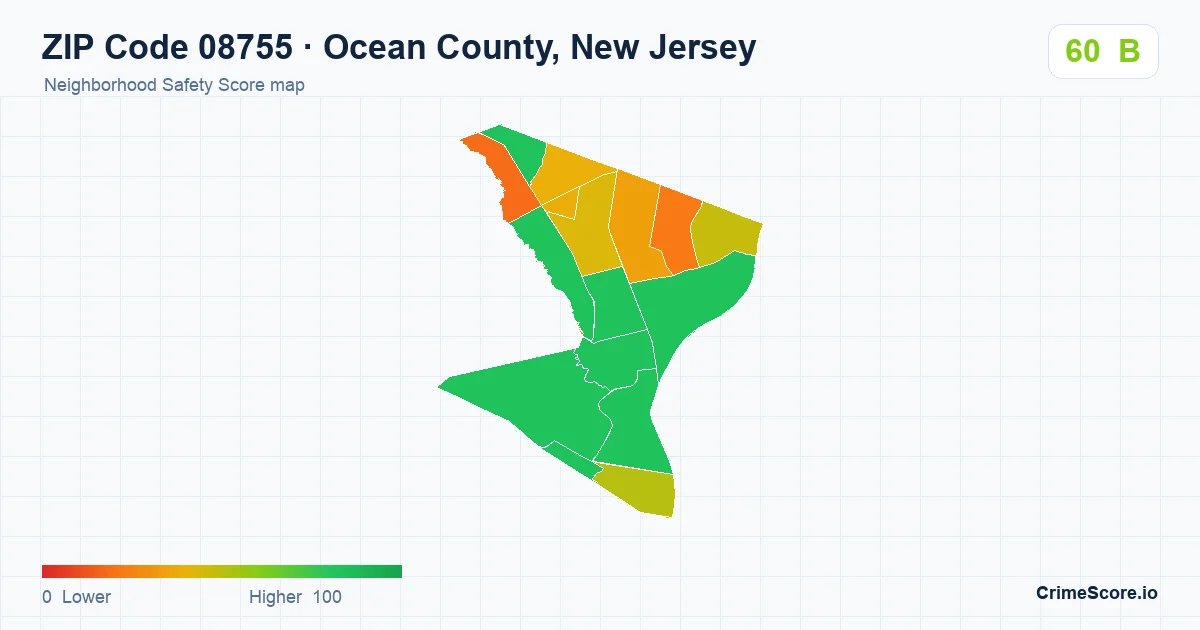 ZIP Code 08755 in Ocean County, New Jersey neighborhood Safety Score map