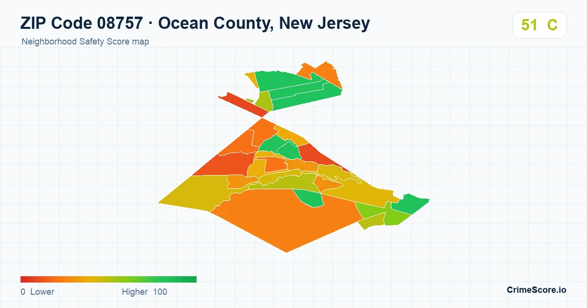 ZIP Code 08757 in Ocean County, New Jersey neighborhood Safety Score map