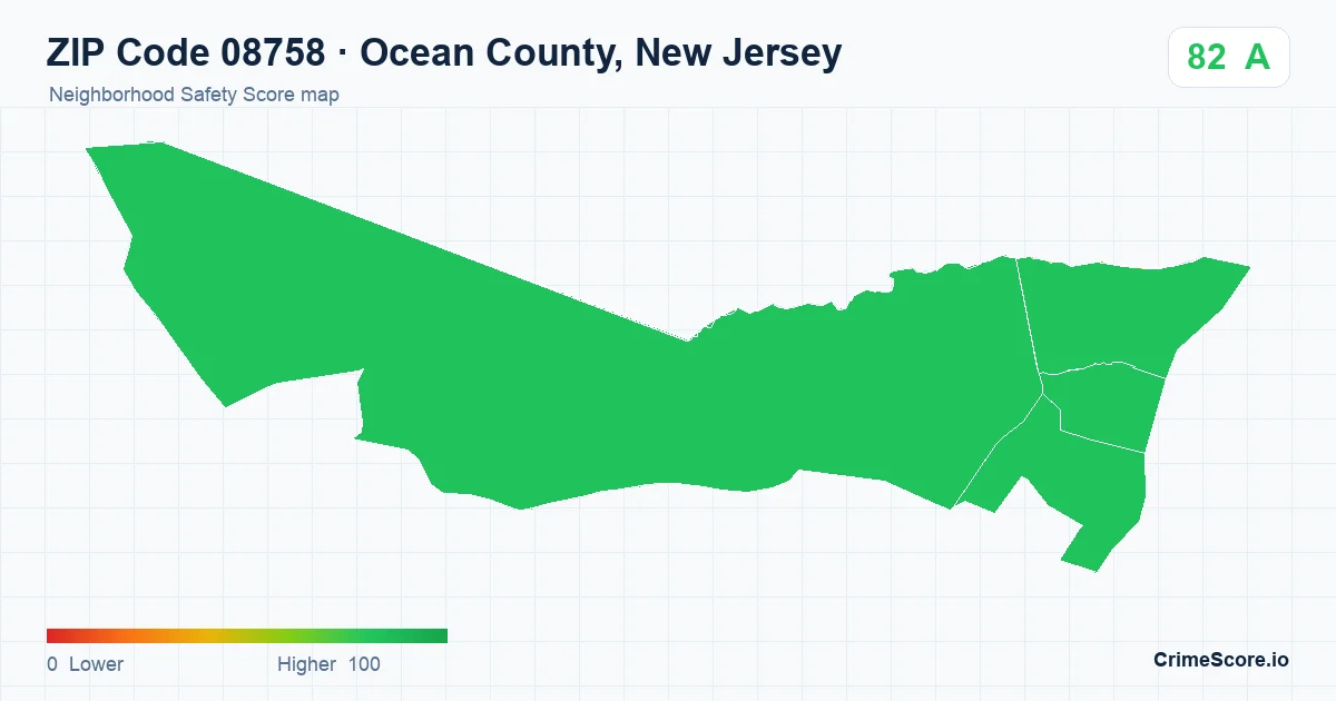 ZIP Code 08758 in Ocean County, New Jersey neighborhood Safety Score map