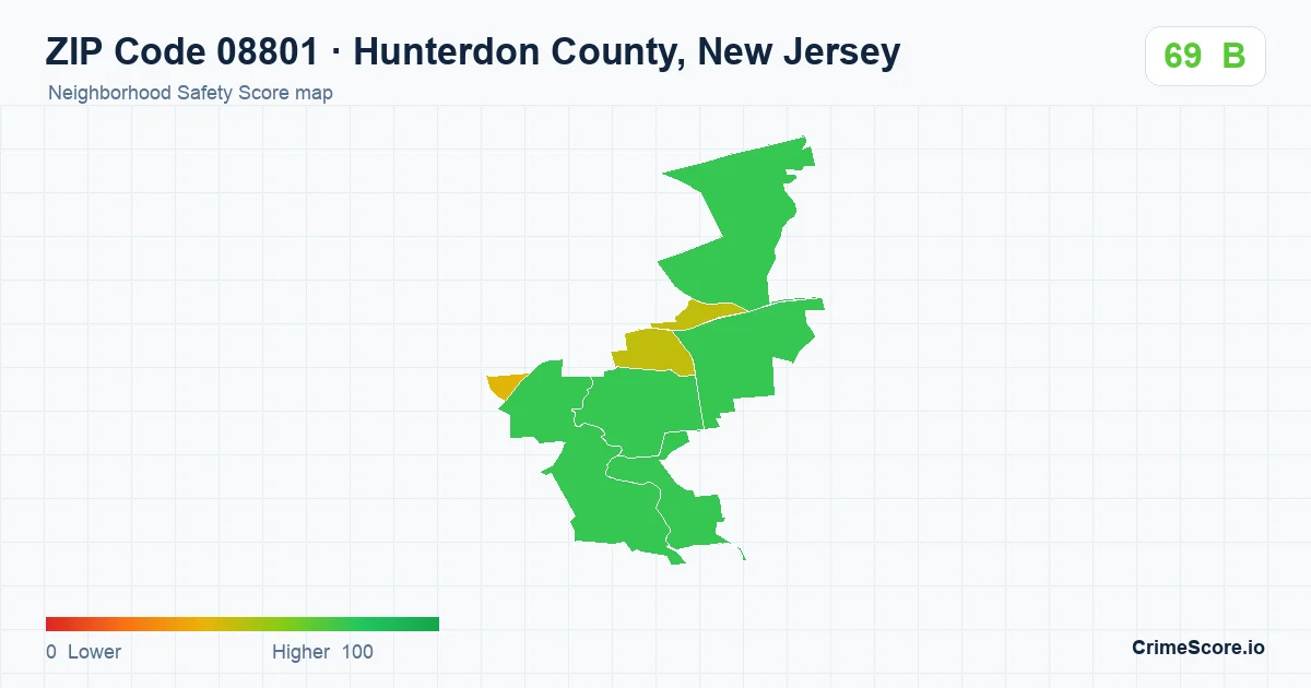 ZIP Code 08801 in Hunterdon County, New Jersey neighborhood Safety Score map