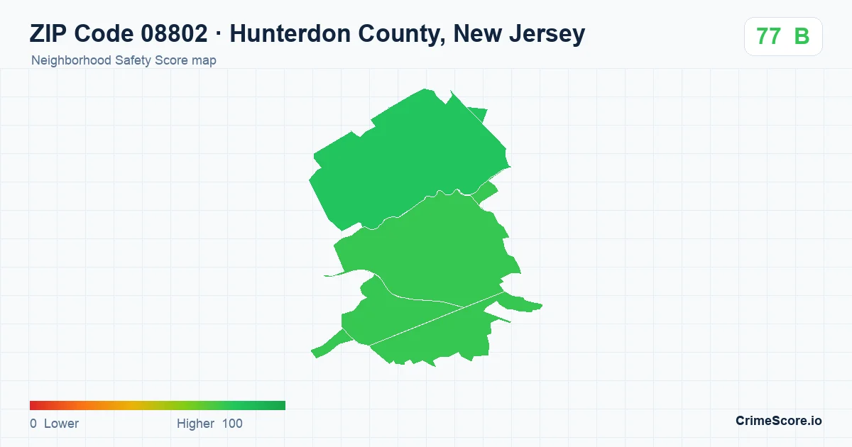 ZIP Code 08802 in Hunterdon County, New Jersey neighborhood Safety Score map