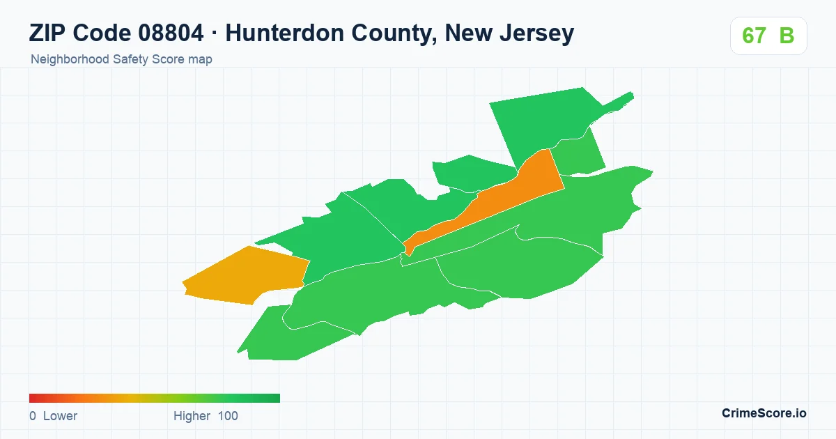 ZIP Code 08804 in Hunterdon County, New Jersey neighborhood Safety Score map