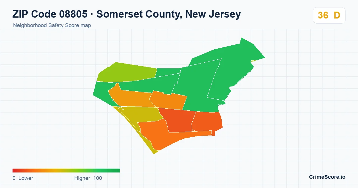 ZIP Code 08805 in Somerset County, New Jersey neighborhood Safety Score map