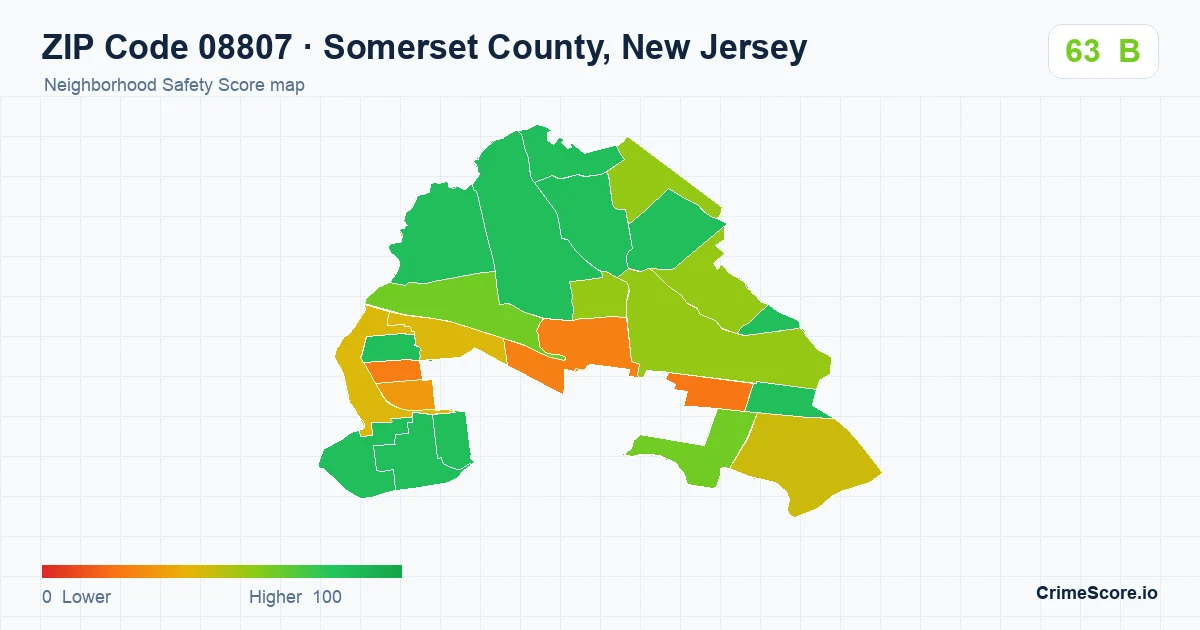 ZIP Code 08807 in Somerset County, New Jersey neighborhood Safety Score map