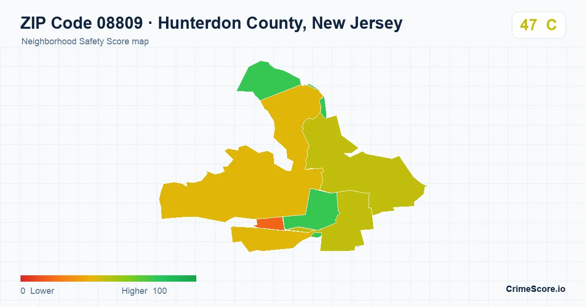 ZIP Code 08809 in Hunterdon County, New Jersey neighborhood Safety Score map