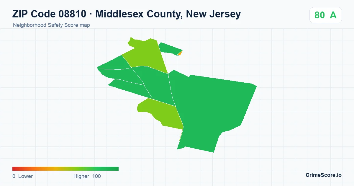 ZIP Code 08810 in Middlesex County, New Jersey neighborhood Safety Score map