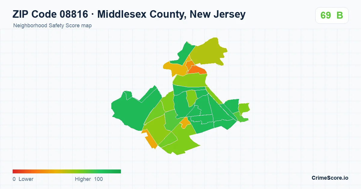 ZIP Code 08816 in Middlesex County, New Jersey neighborhood Safety Score map