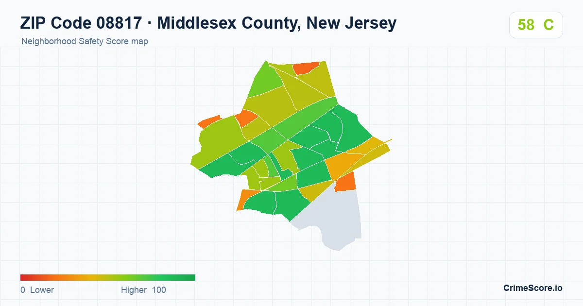 ZIP Code 08817 in Middlesex County, New Jersey neighborhood Safety Score map