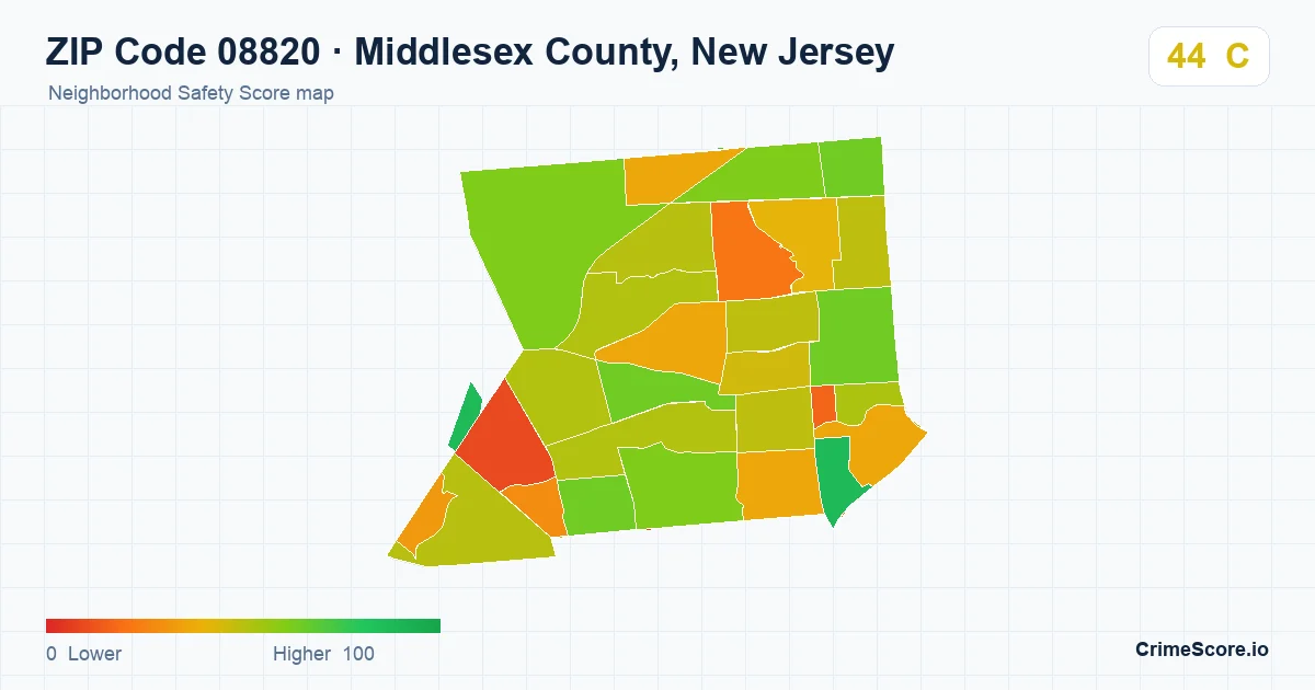 ZIP Code 08820 in Middlesex County, New Jersey neighborhood Safety Score map