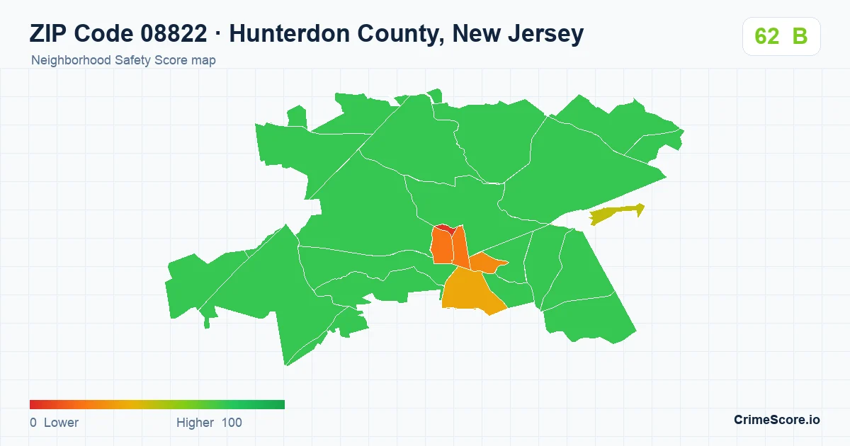 ZIP Code 08822 in Hunterdon County, New Jersey neighborhood Safety Score map