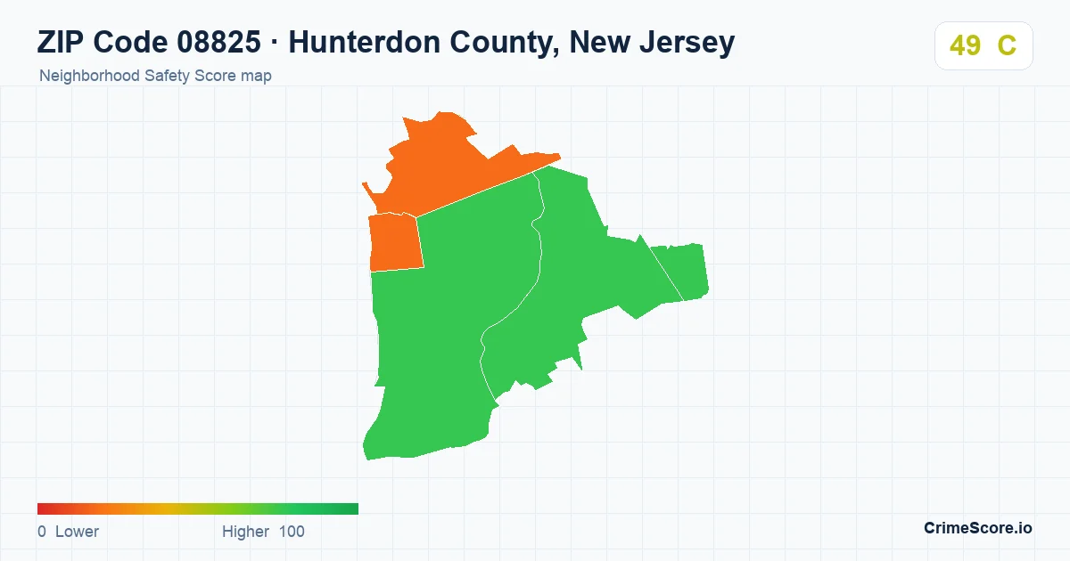 ZIP Code 08825 in Hunterdon County, New Jersey neighborhood Safety Score map