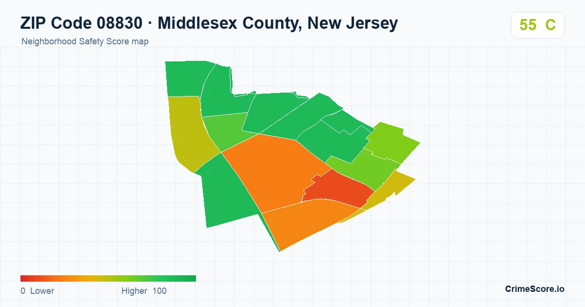 ZIP Code 08830 in Middlesex County, New Jersey neighborhood Safety Score map