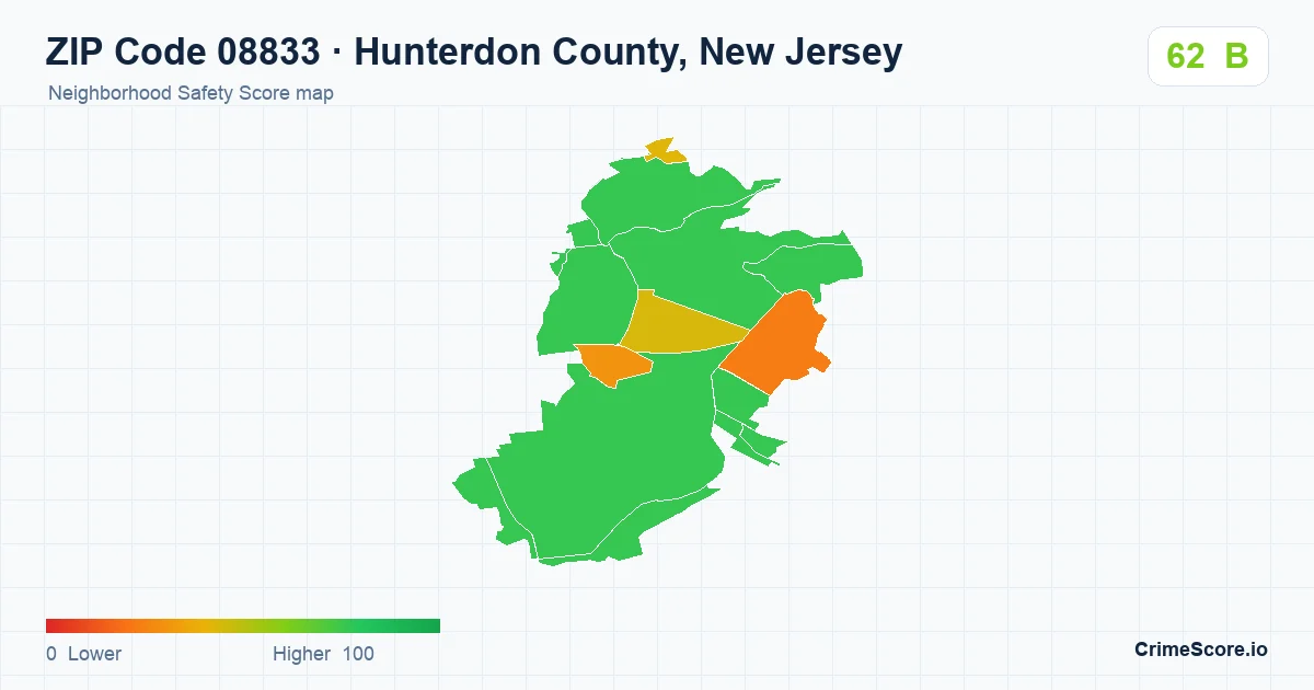 ZIP Code 08833 in Hunterdon County, New Jersey neighborhood Safety Score map